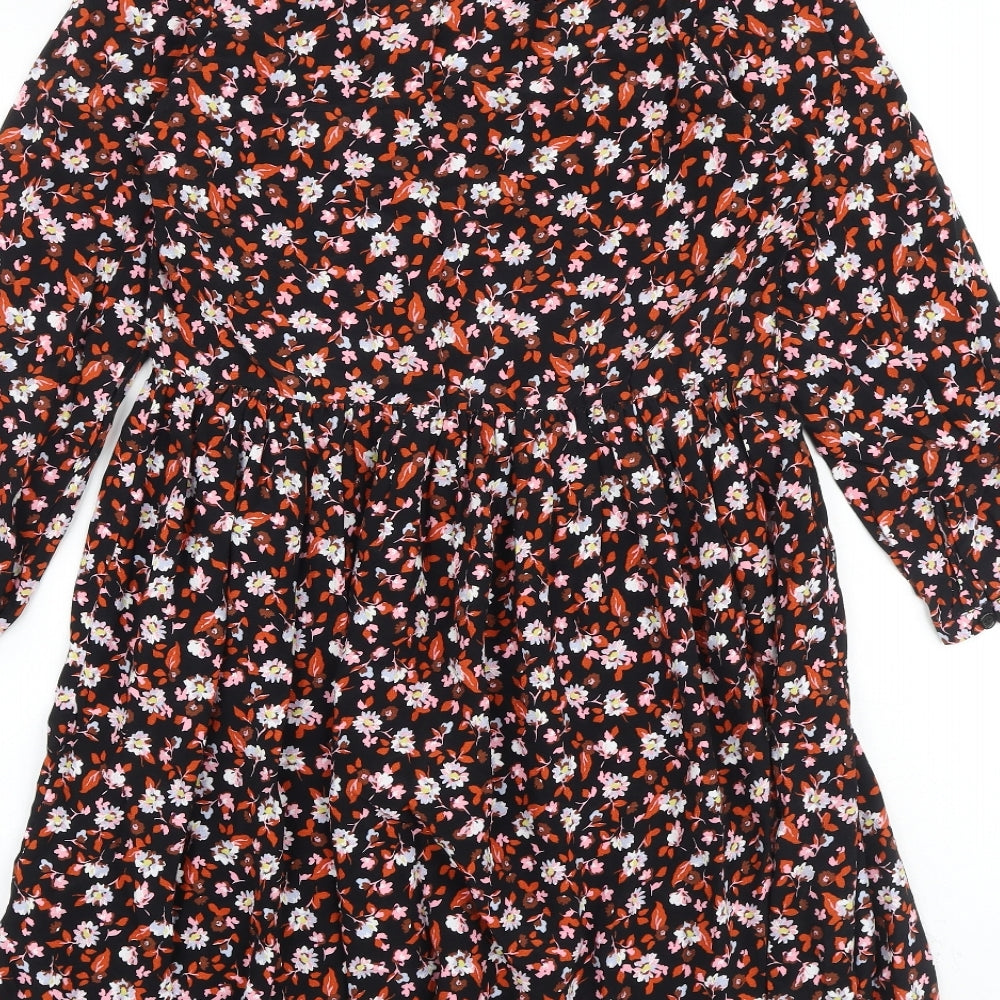 New Look Womens Black Floral Viscose Trapeze & Swing Size 8 V-Neck Button