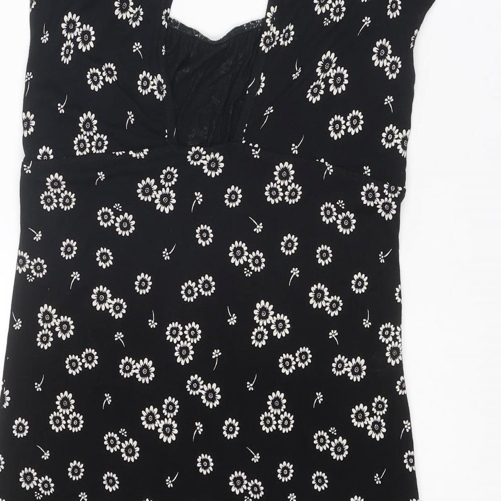 Topshop Womens Black Floral Viscose A-Line Size 12 Square Neck Pullover