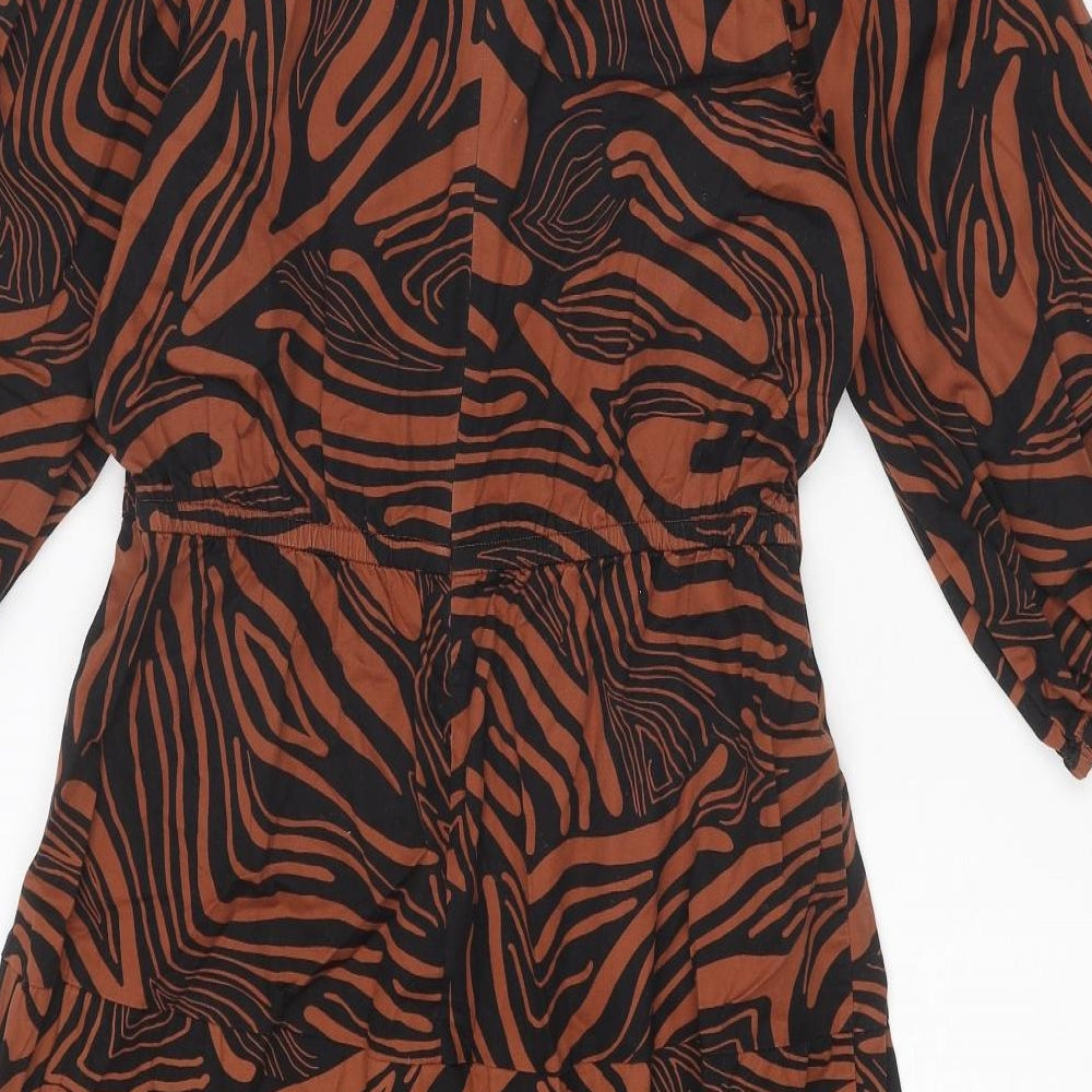 Next Womens Brown Geometric Cotton Skater Dress Size 8 Round Neck Zip