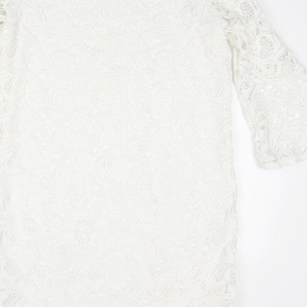 Wallis Womens White Geometric Polyester Shift Size 8 Boat Neck Pullover