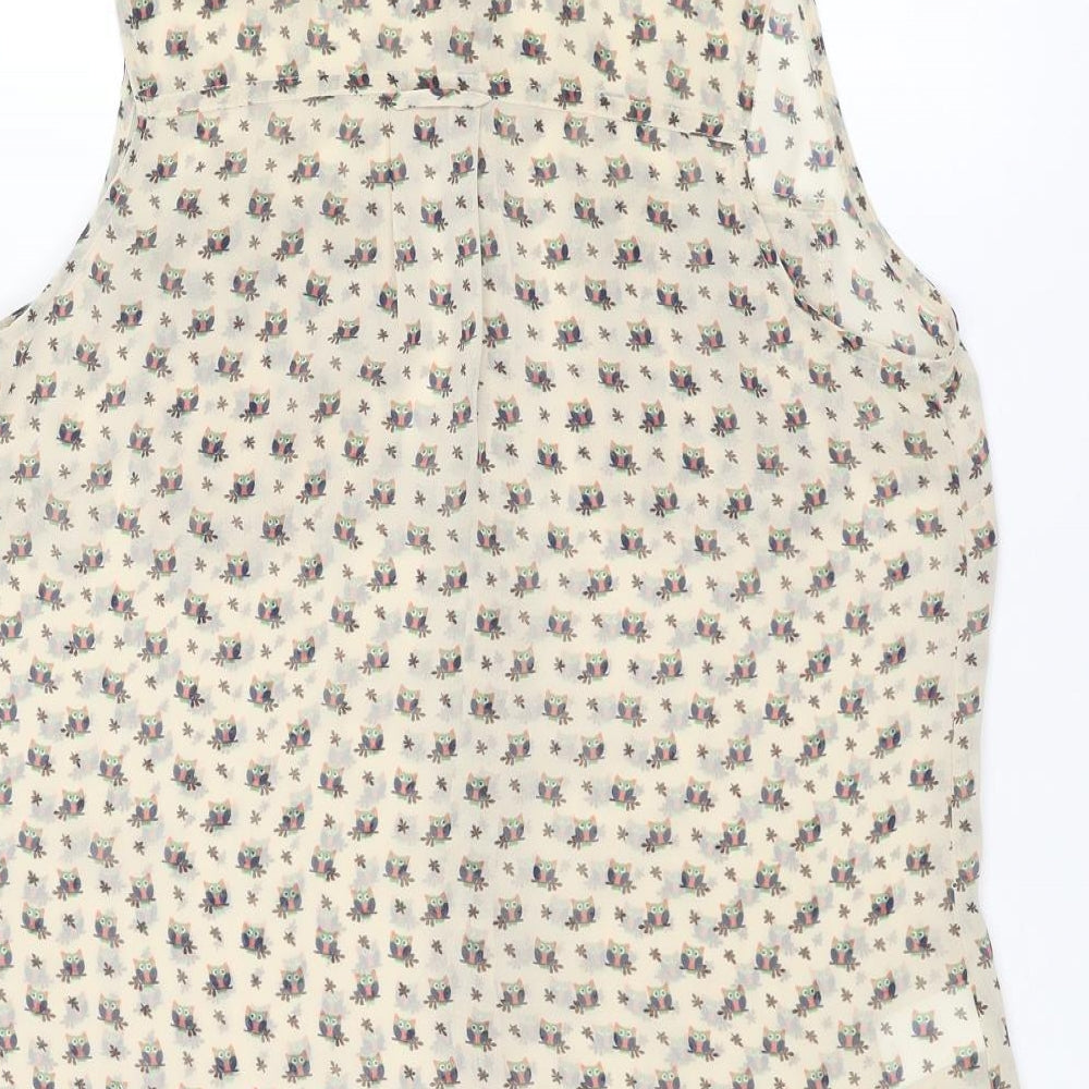 NEXT Womens Ivory Geometric Polyester Basic Button-Up Size 8 Collared - Owl Print