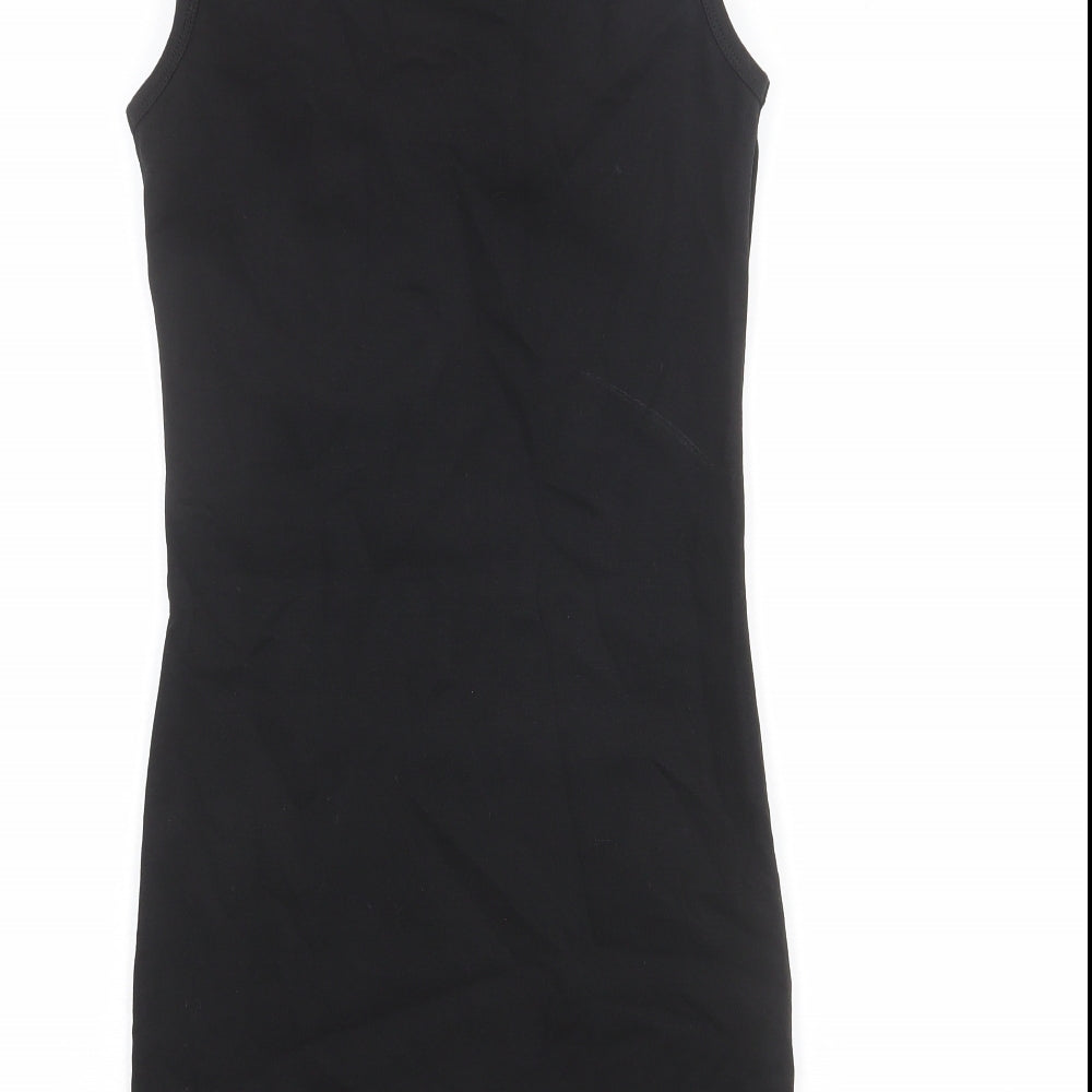 Brand and care label for Miss Selfridge women’s black cotton bodycon, size UK 8, round neck pullover