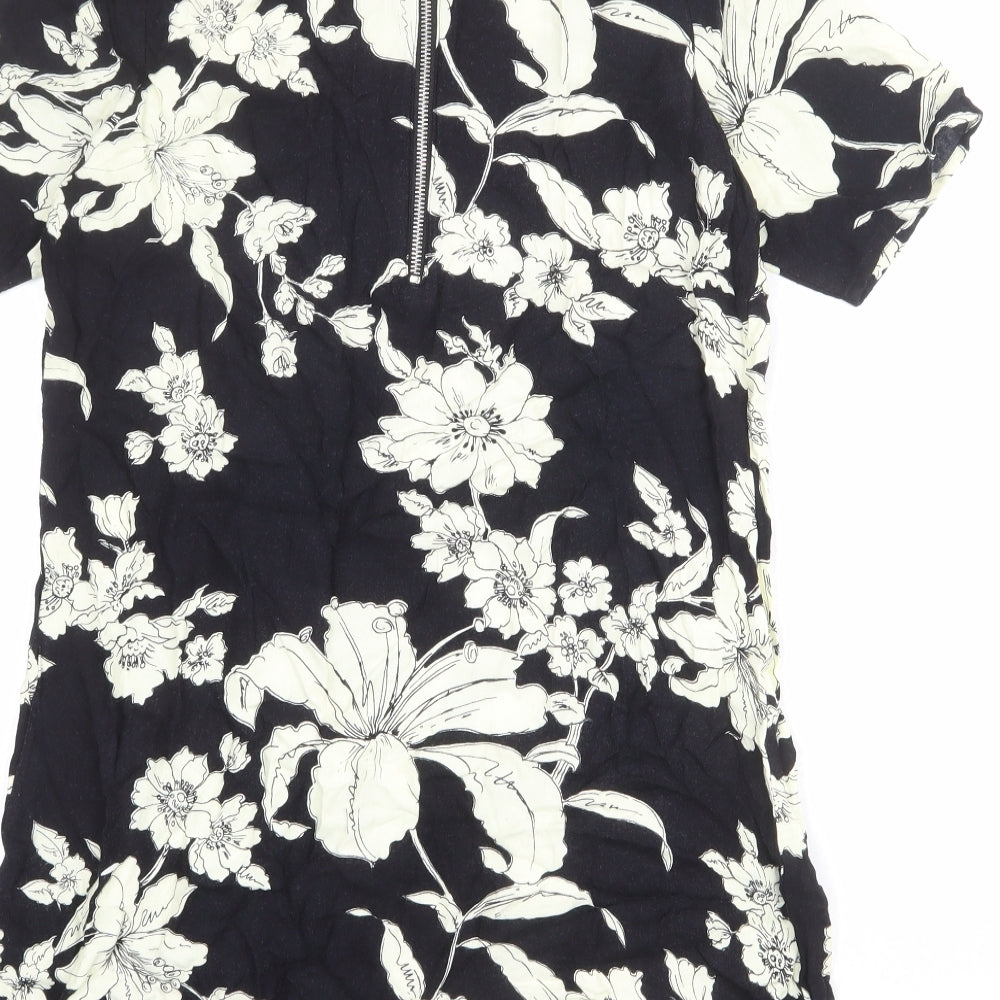 Motel Rocks Womens Black Floral Viscose Mini Size S Round Neck Zip