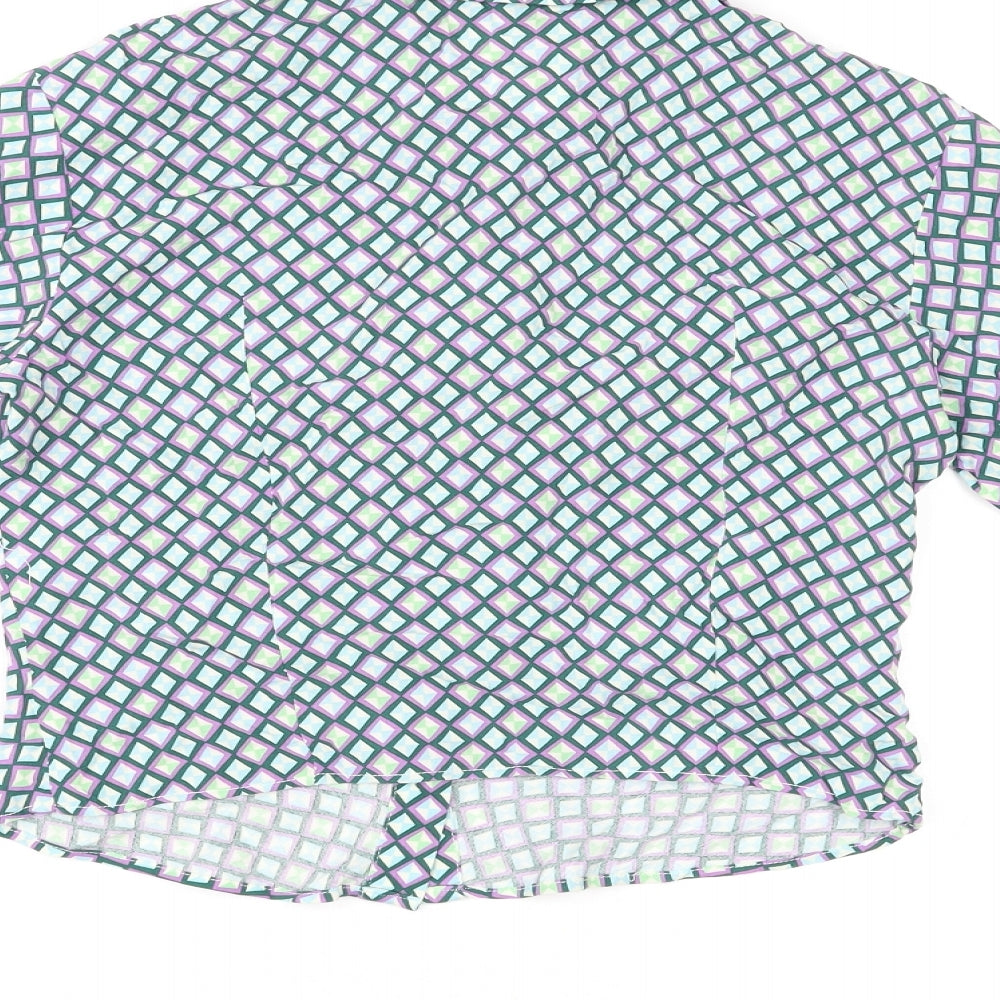 Bershka Womens Multicoloured Geometric Viscose Basic Button-Up Size S Collared