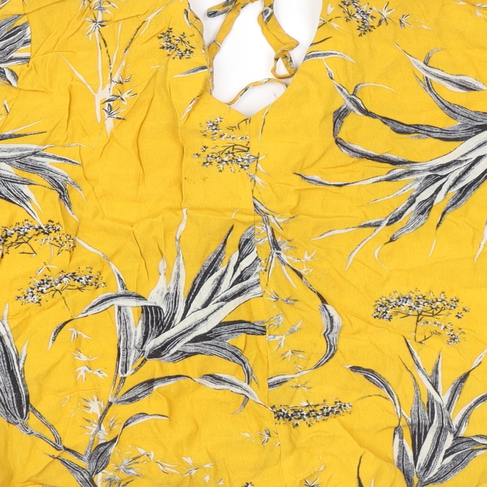 Warehouse Womens Yellow Floral Viscose Basic Button-Up Size 12 V-Neck