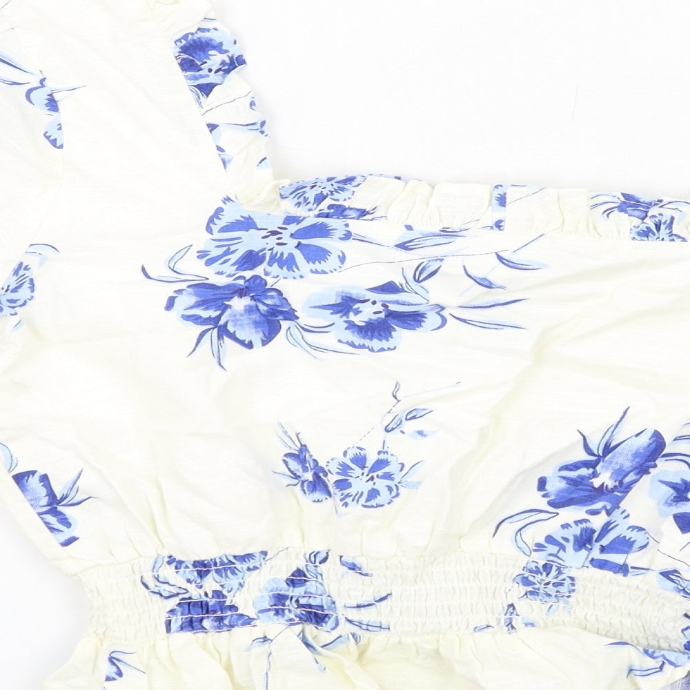 Neon Rose Womens Ivory Floral Cotton Cropped Blouse Size XS Square Neck