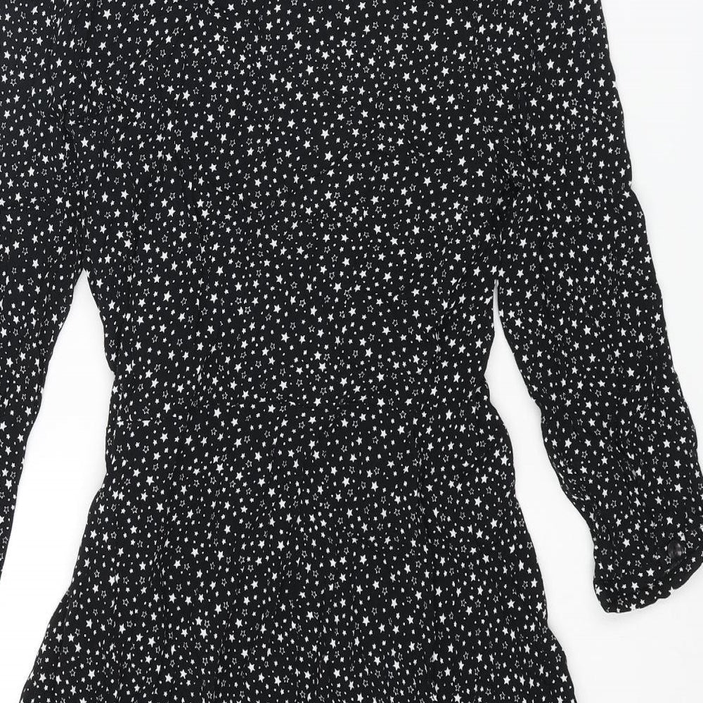 Warehouse Womens Black Geometric Viscose Mini Size 10 Collared Tie - Star Print