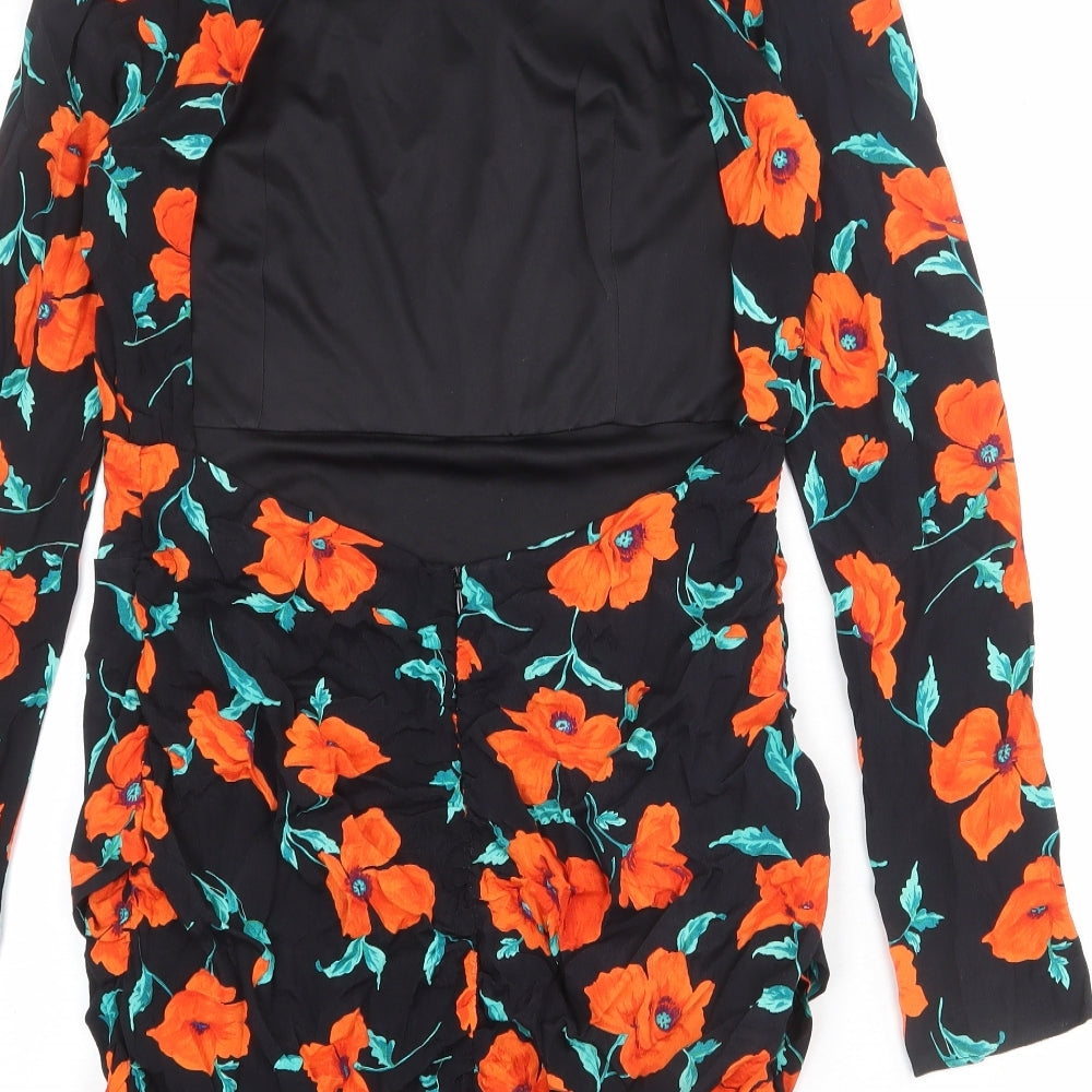 Zara Womens Black Floral Viscose A-Line Size L Round Neck Zip
