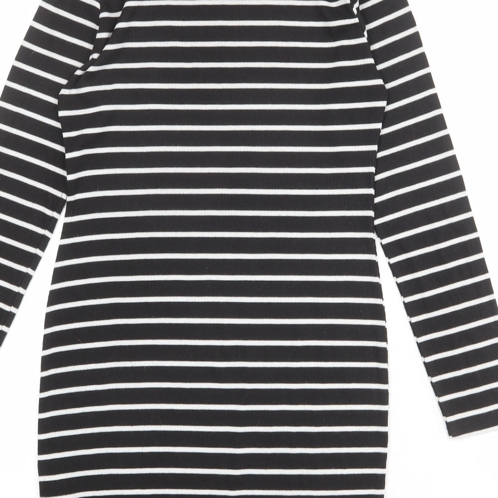 Cameo Rose Womens Black Striped Polyester T-Shirt Dress Size 14 Mock Neck Pullover