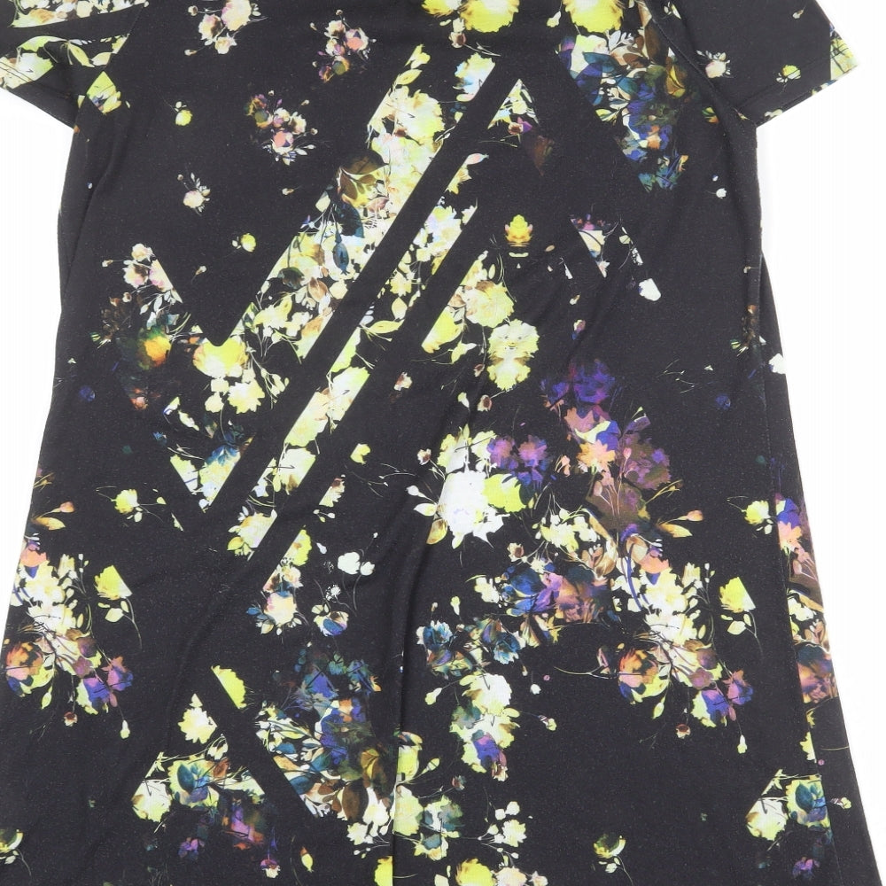 Warehouse Womens Black Floral Polyester Shift Size 10 Round Neck Button