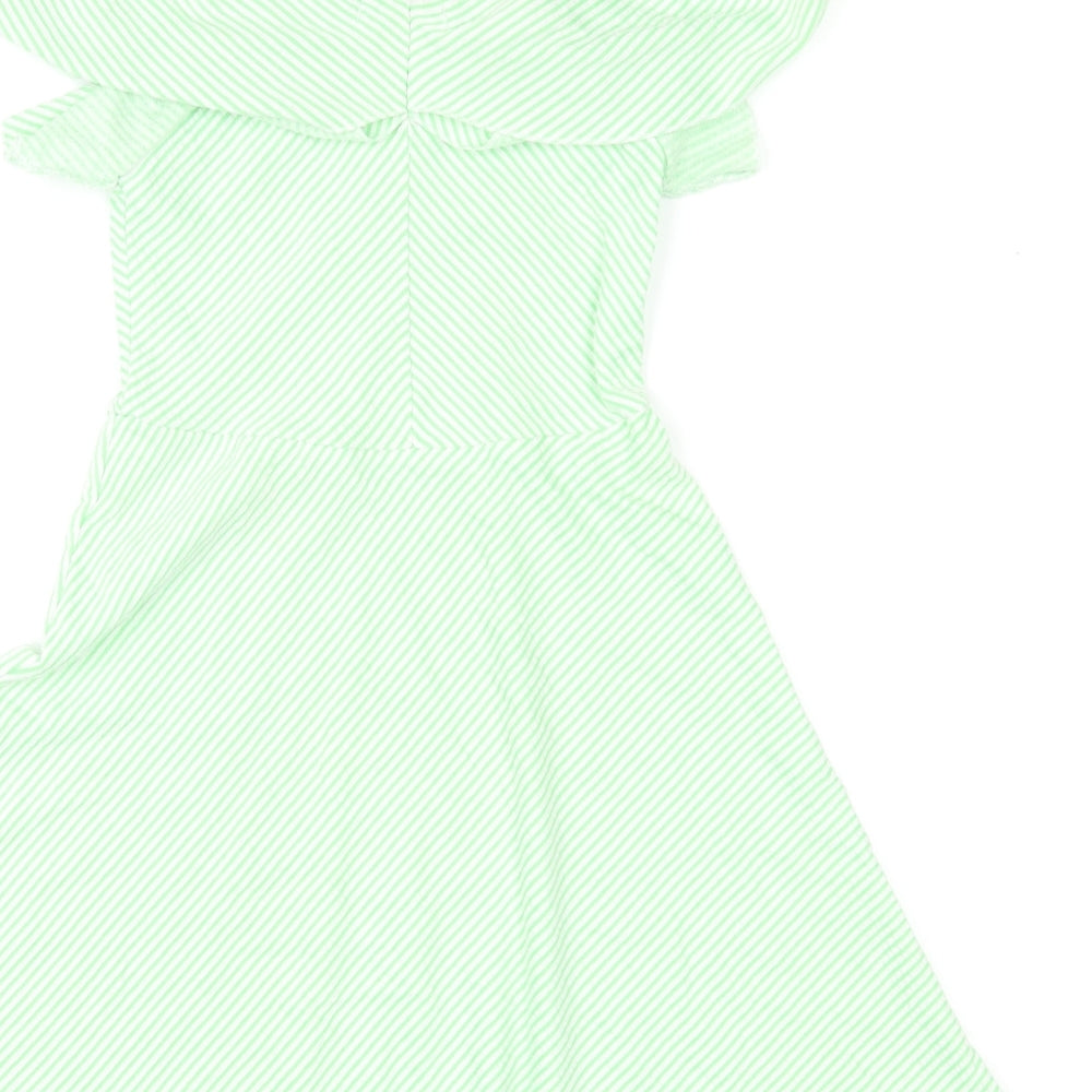 Zara Womens Green Striped Cotton Fit & Flare Size 10 Off the Shoulder Pullover