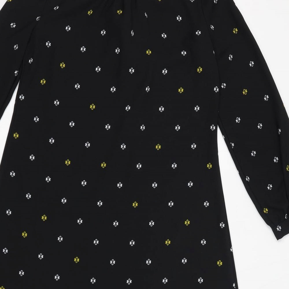 Marks & Spencer Womens Black Geometric Polyester Shift Size 10 Round Neck Pullover - Tie Neck Detail