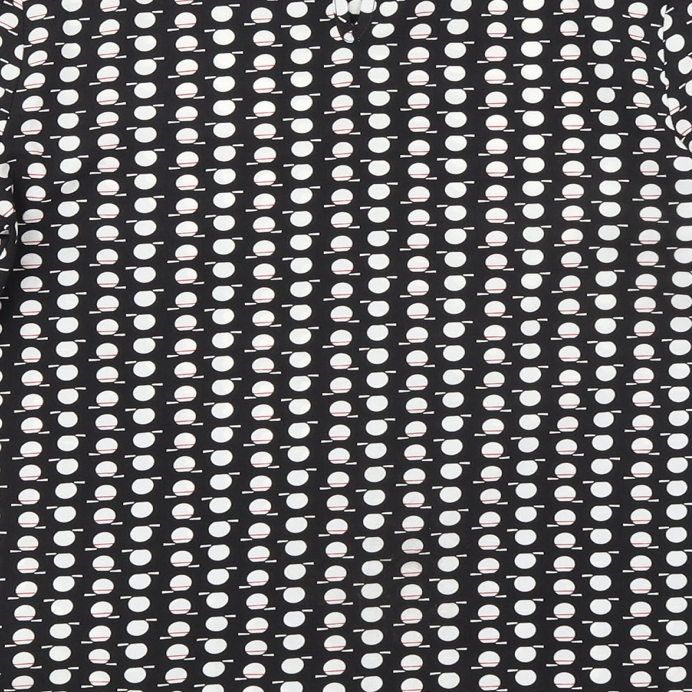 Brand and care label for Dunnes women’s black geometric polyester basic blouse, size XS, round neck