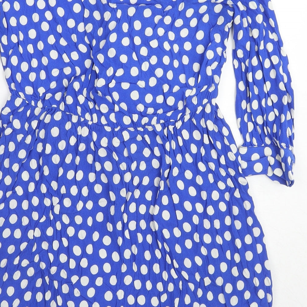 Zara Womens Blue Polka Dot Viscose A-Line Size S V-Neck Zip