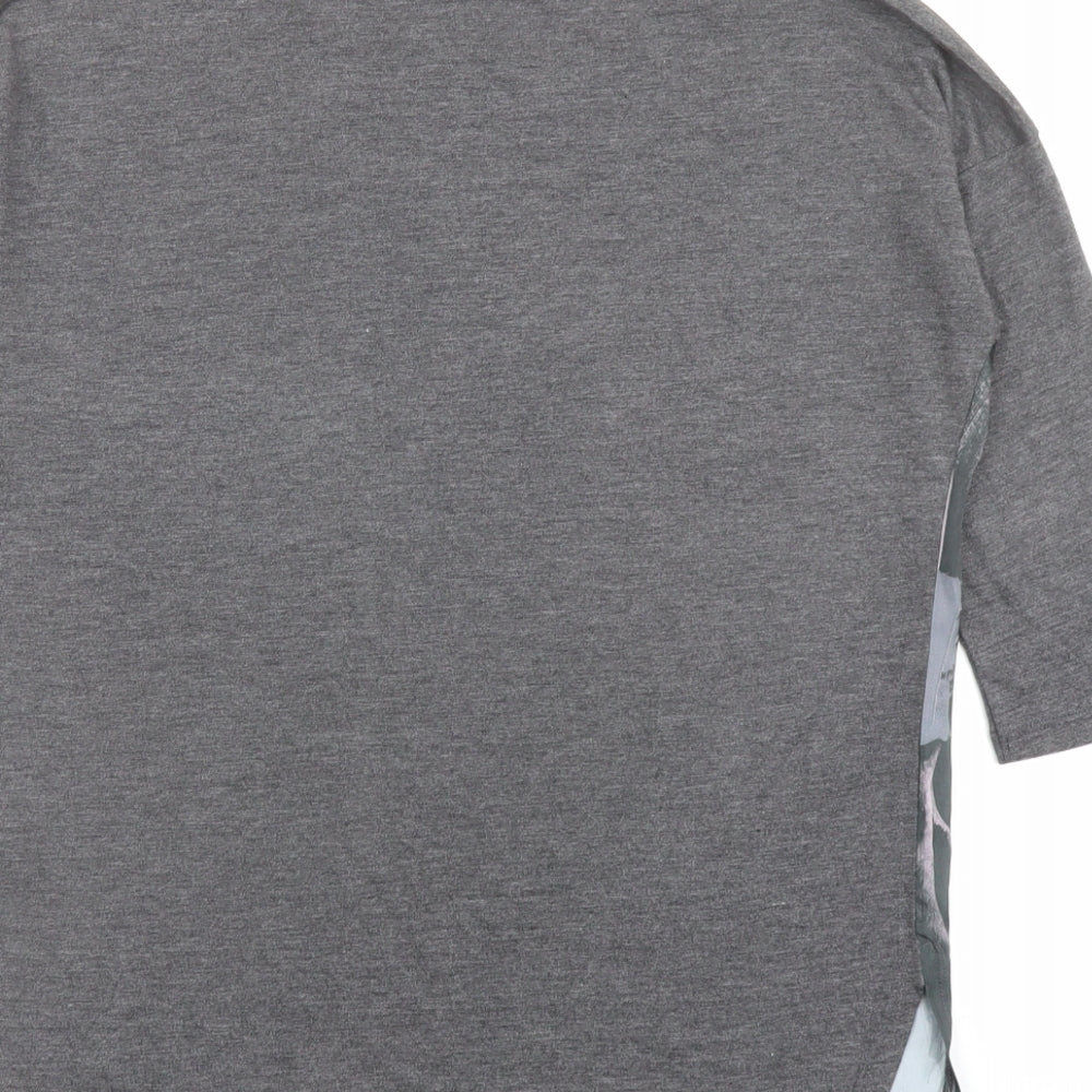 Brand and care label for Dunnes women’s grey polyester basic t-shirt, size S, round neck