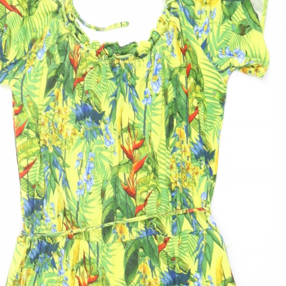 Oasis Womens Yellow Geometric Viscose A-Line Size L Round Neck Pullover - Parrot Print