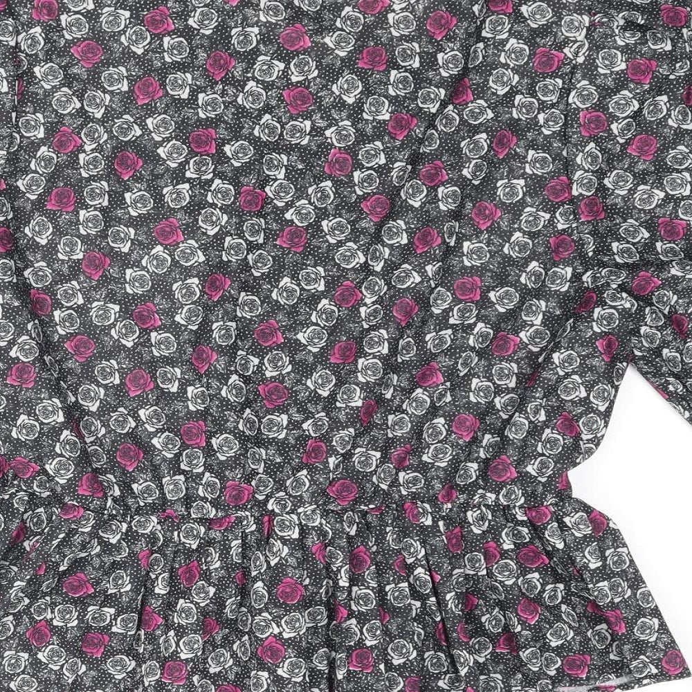Debenhams Womens Black Floral Polyester Basic Button-Up Size 16 Round Neck