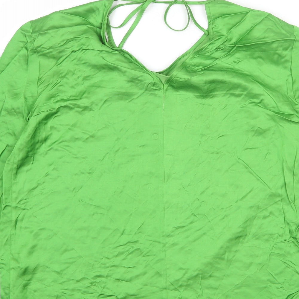 Brand and care label for Autograph women’s green viscose basic blouse, size UK 8, round neck