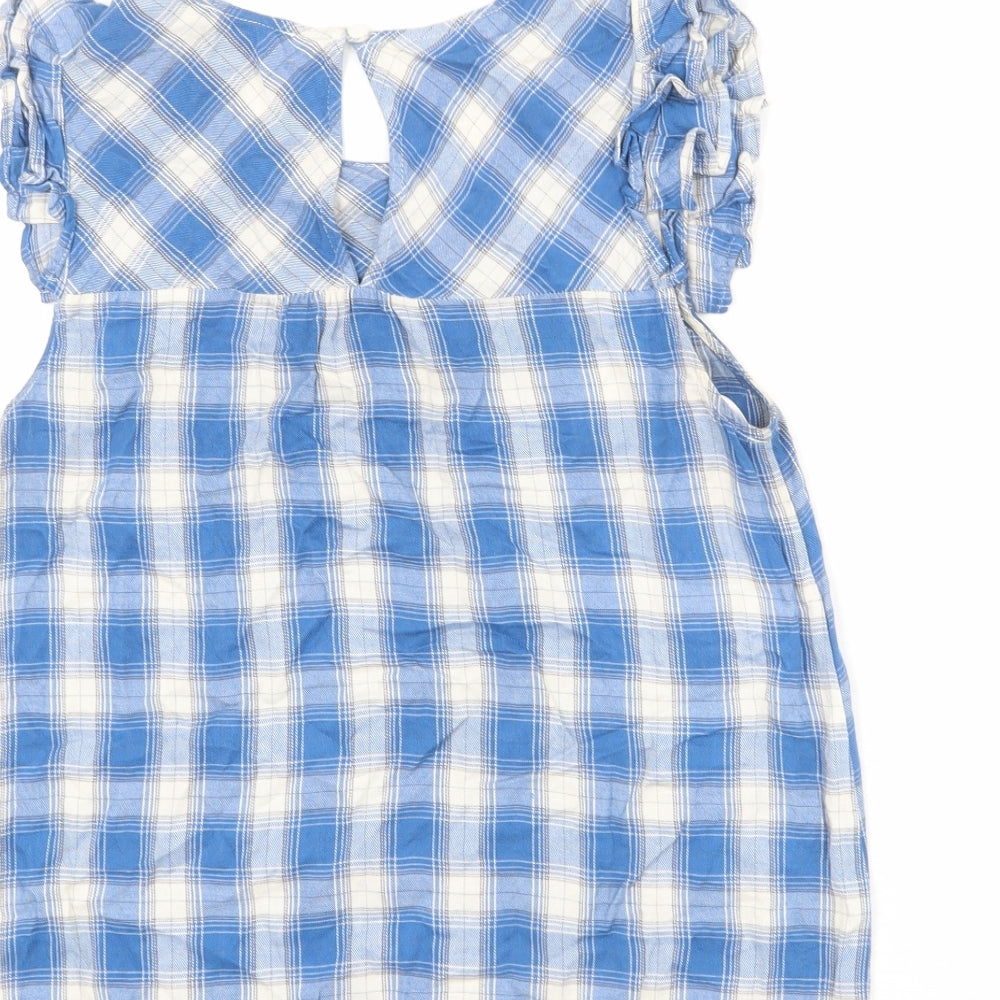 Monteau Womens Blue Plaid Viscose Basic Blouse Size S Round Neck