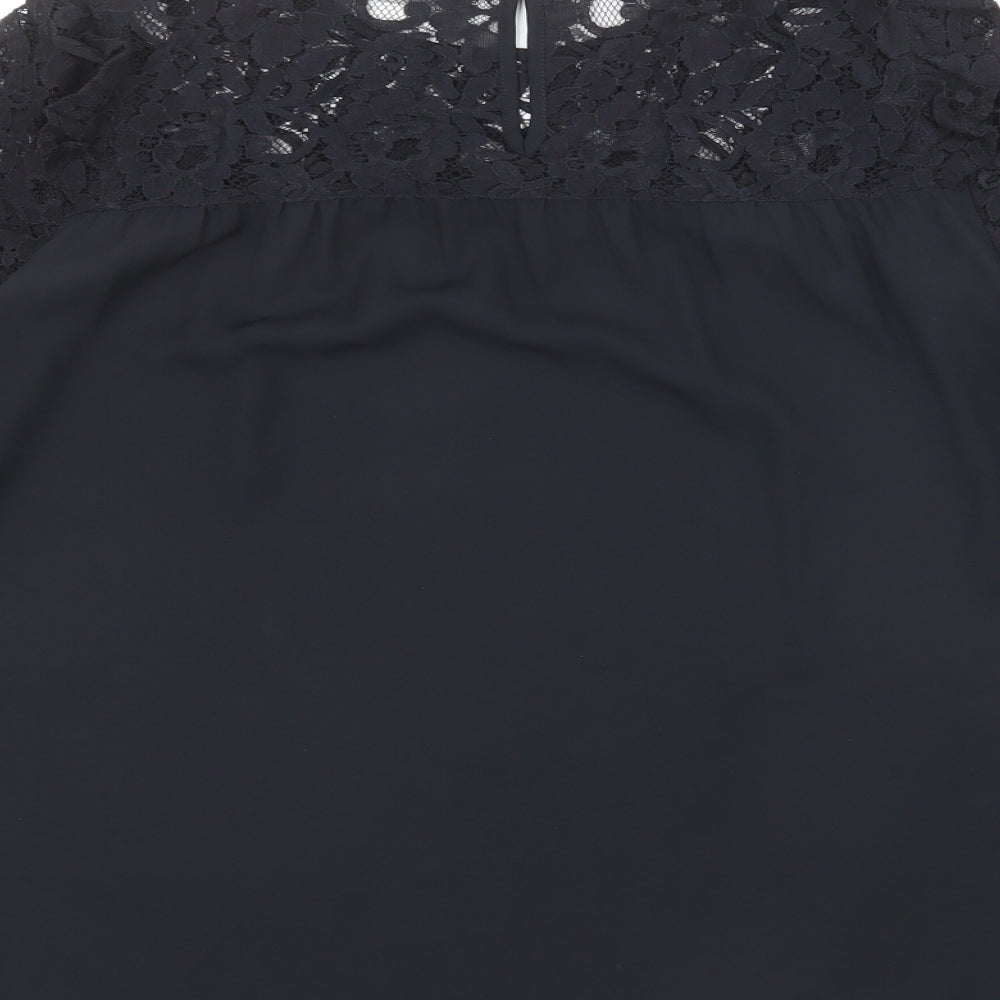 Marks & Spencer Womens Black Polyester Basic Blouse Size 12 Round Neck - Lace Neckline