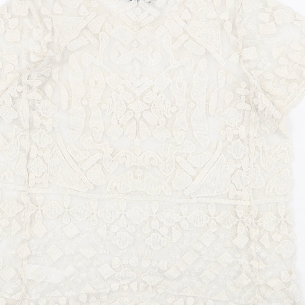 JULIE Womens Ivory Geometric Cotton Basic T-Shirt Size S Round Neck - Size S-M