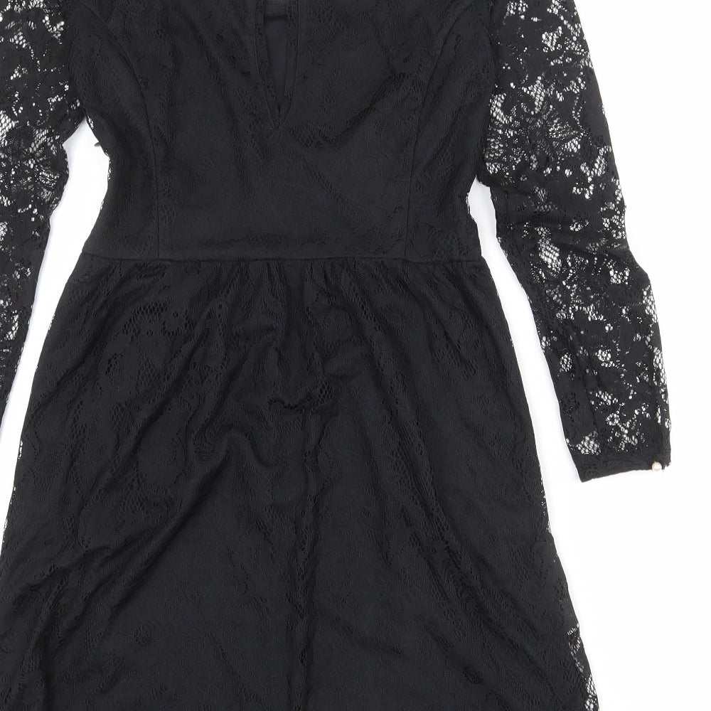 Zara Womens Black Polyester A-Line Size M Boat Neck Button - Lace