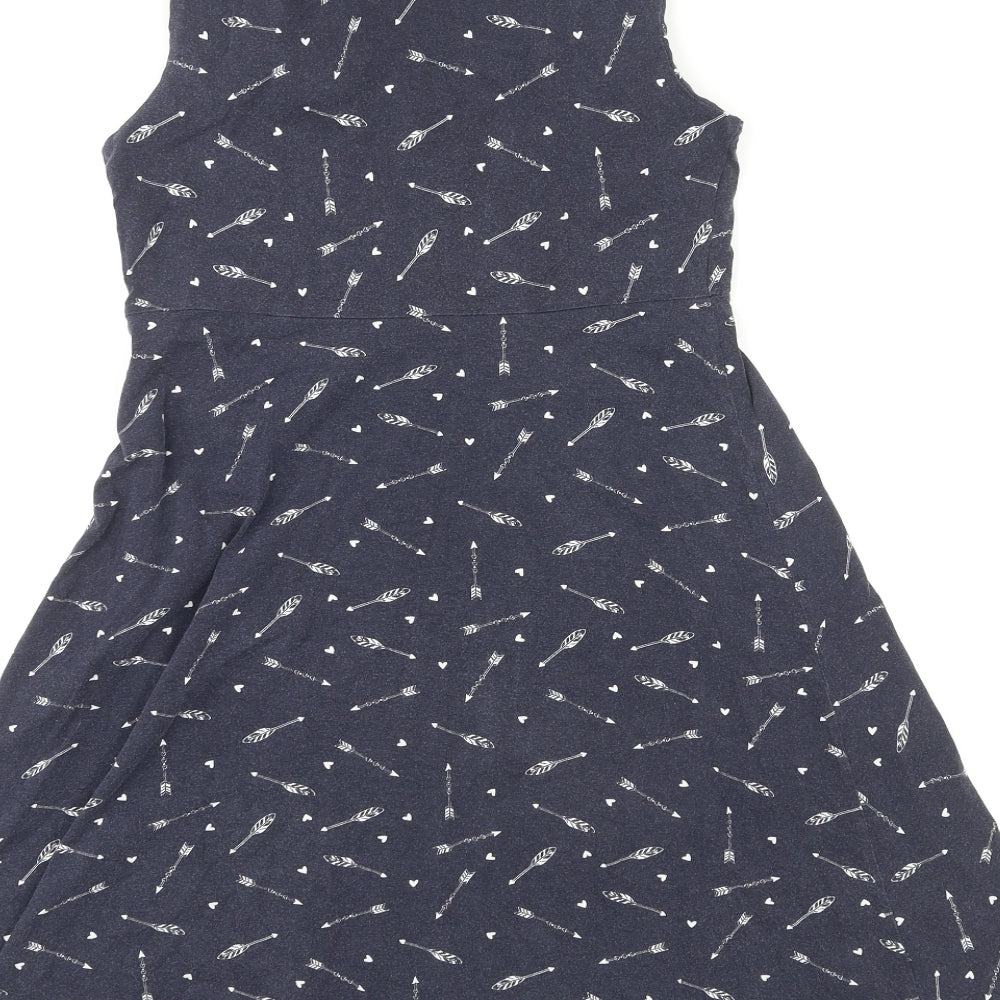 Red Herring Womens Blue Geometric Cotton A-Line Size 8 Round Neck Pullover - Heart & Arrow