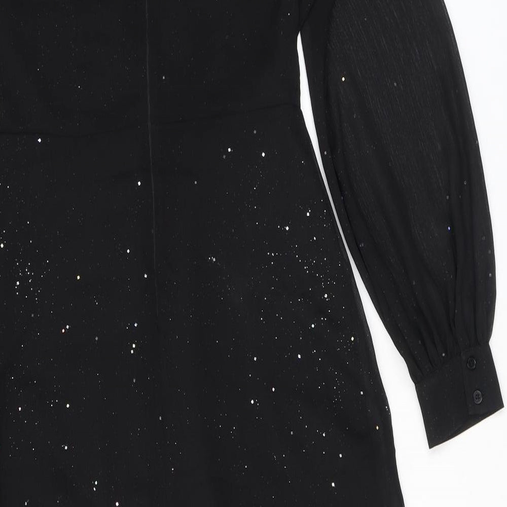 Warehouse Womens Black Polyester Fit & Flare Size 10 V-Neck Zip