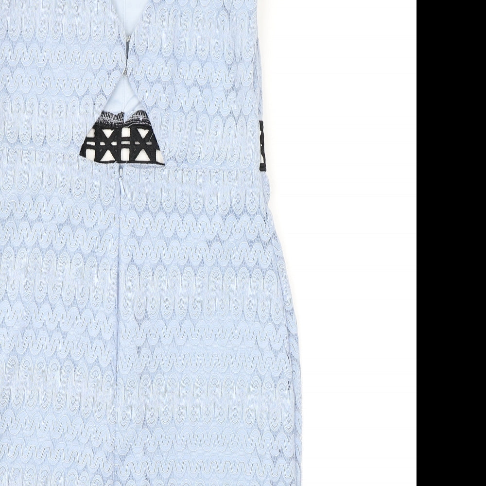Topshop Womens Blue Geometric Nylon Shift Size 6 Square Neck Hook & Eye - Open Back