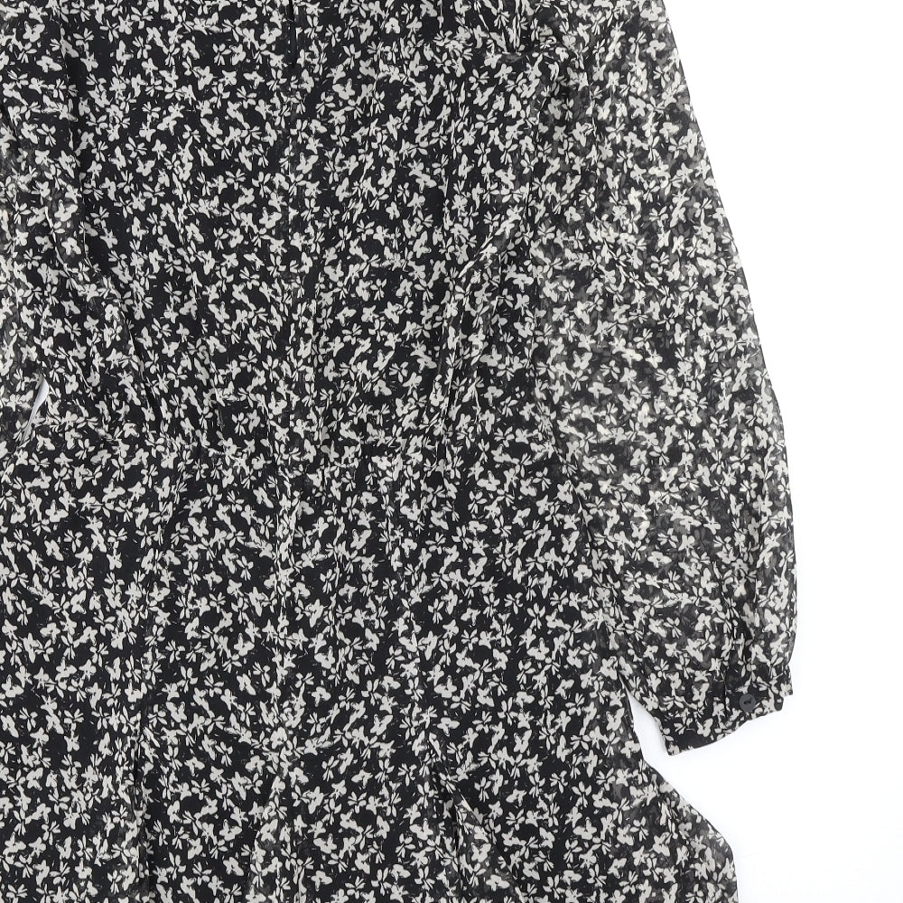 Zara Womens Black Floral Polyester A-Line Size S Round Neck Button