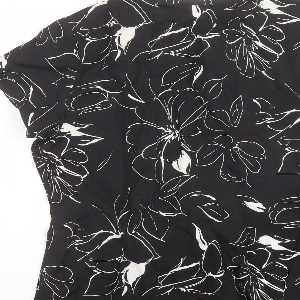 Alexara Womens Black Floral Linen Basic T-Shirt Size L Round Neck