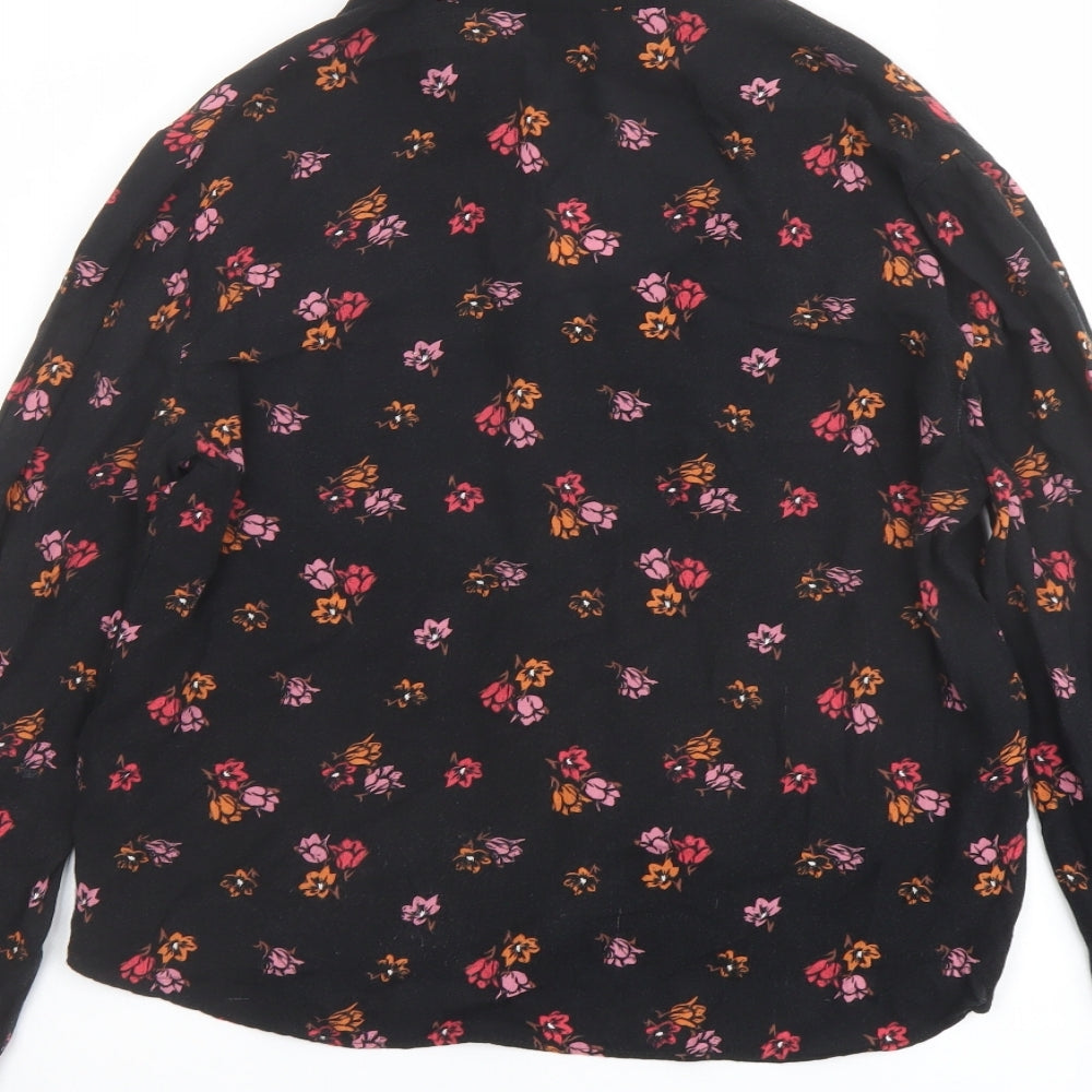Topshop Womens Black Floral Viscose Basic Button-Up Size 10 Collared