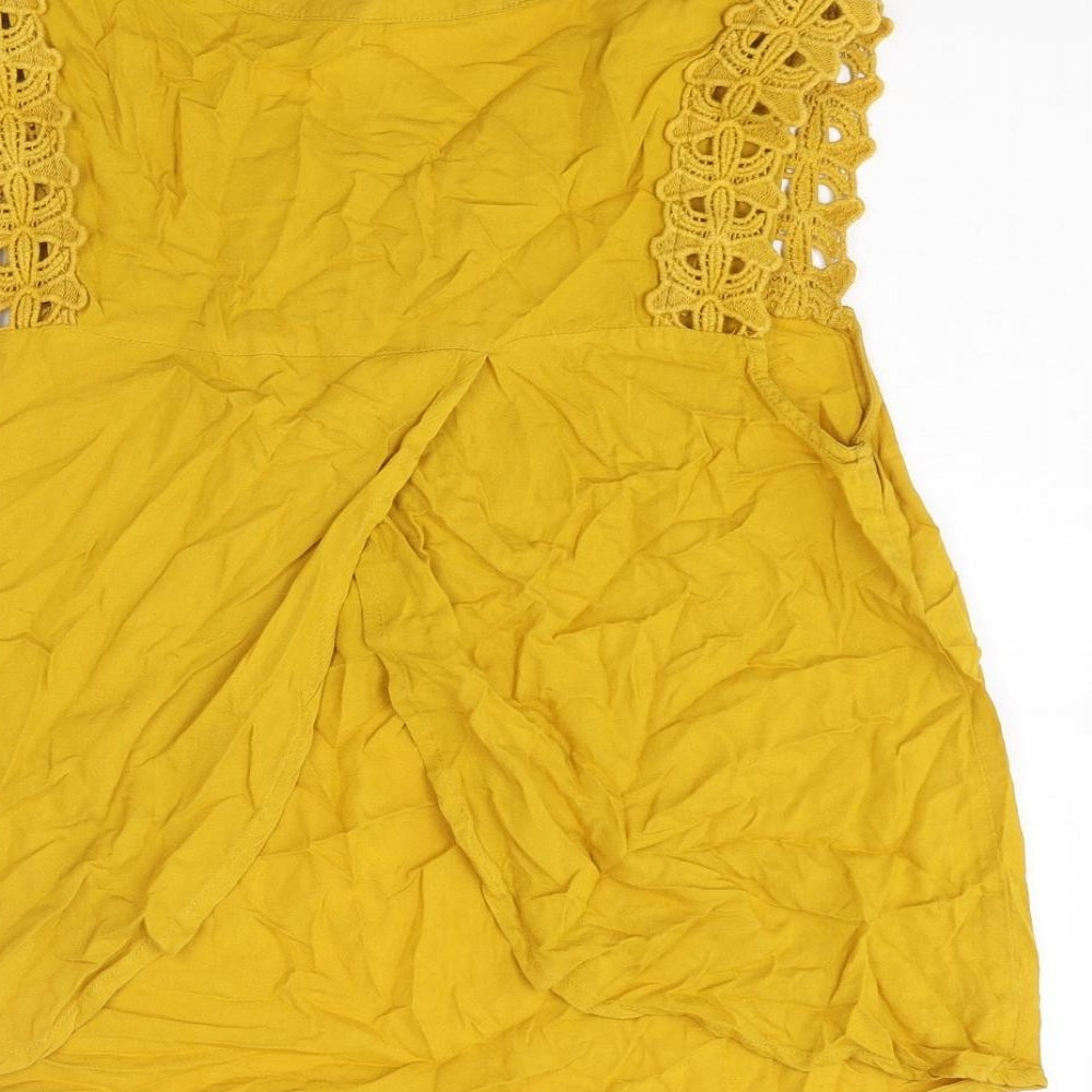 Brand and care label for Only women’s yellow viscose basic tank, size UK 10, round neck