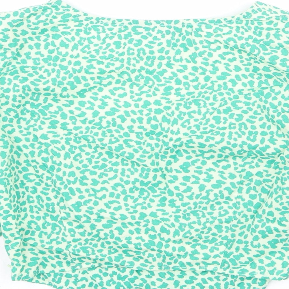 Topshop Womens Green Animal Print 100% Cotton Cropped Blouse Size 8 Square Neck