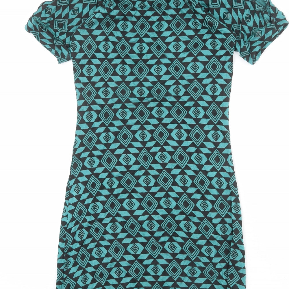 Ruby Rocks Womens Blue Geometric Viscose Bodycon Size 8 Boat Neck Pullover