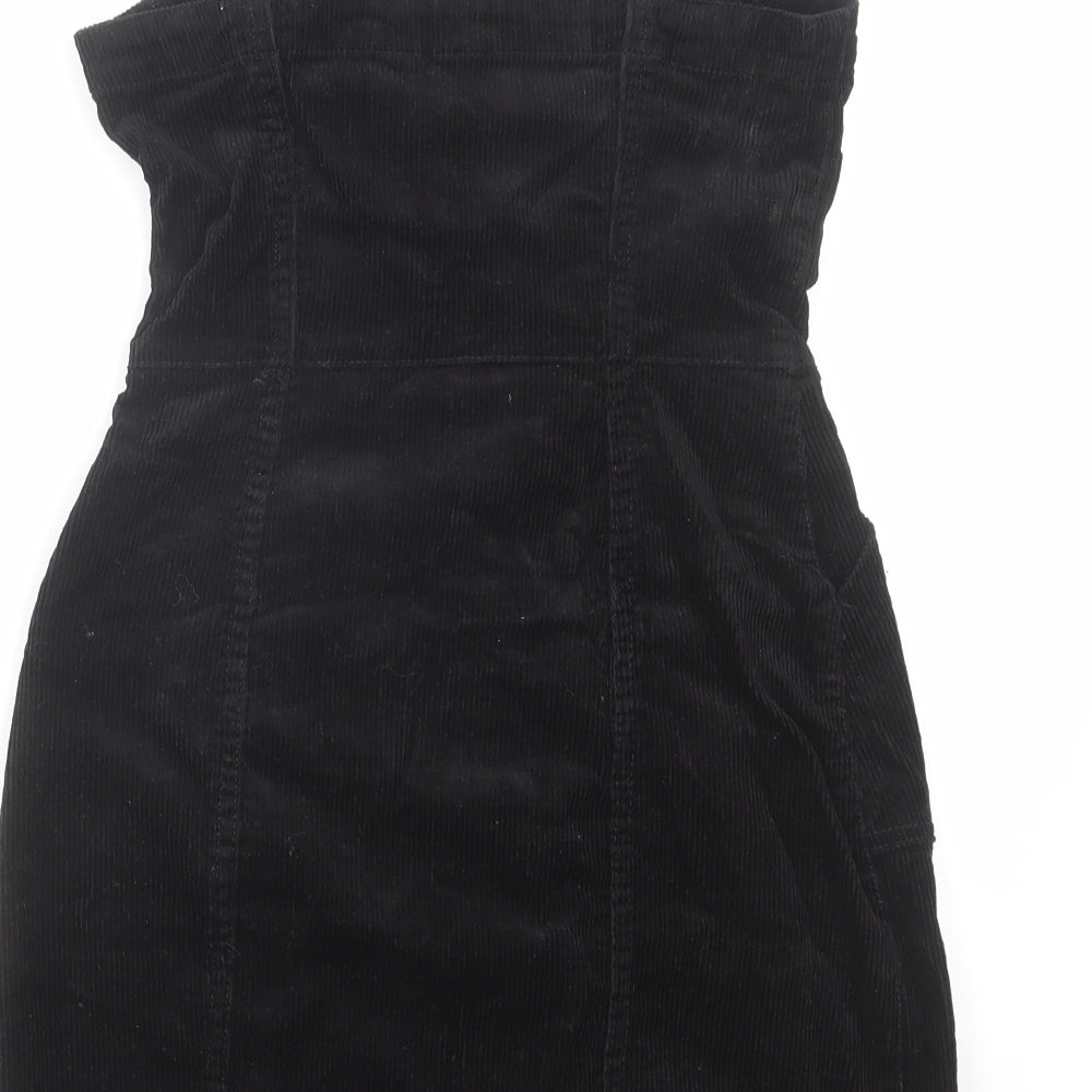 H&M Womens Black Cotton Pinafore/Dungaree Dress Size 4 Square Neck Button