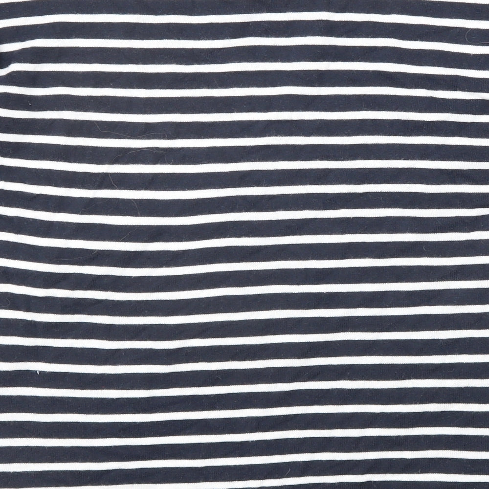 Brand and care label for Autograph girls’ blue round neck striped cotton jumper, size 15-16, years button