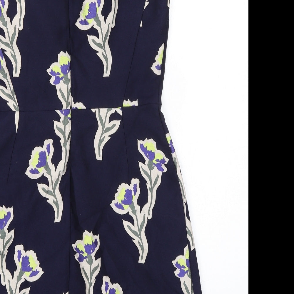Warehouse Womens Blue Floral Polycarbamide Pencil Dress Size 8 Crew Neck Zip