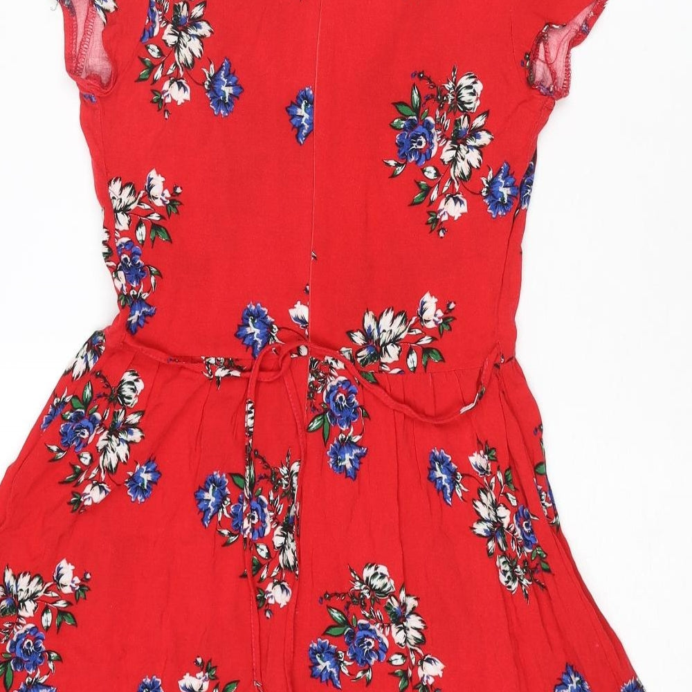 New Look Womens Red Floral Viscose A-Line Size 8 V-Neck Zip