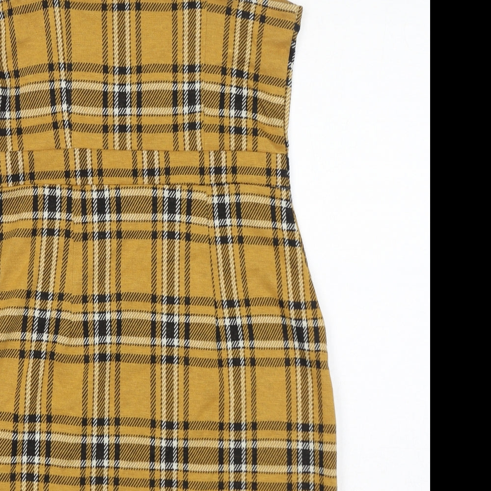 Bershka Womens Yellow Check Polyester Mini Size S Square Neck Pullover