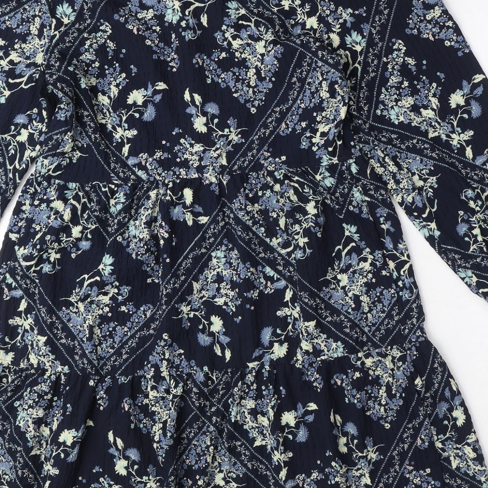Marks & Spencer Womens Blue Geometric Polyester Shift Size 6 Round Neck Button - Floral Diamond Smock