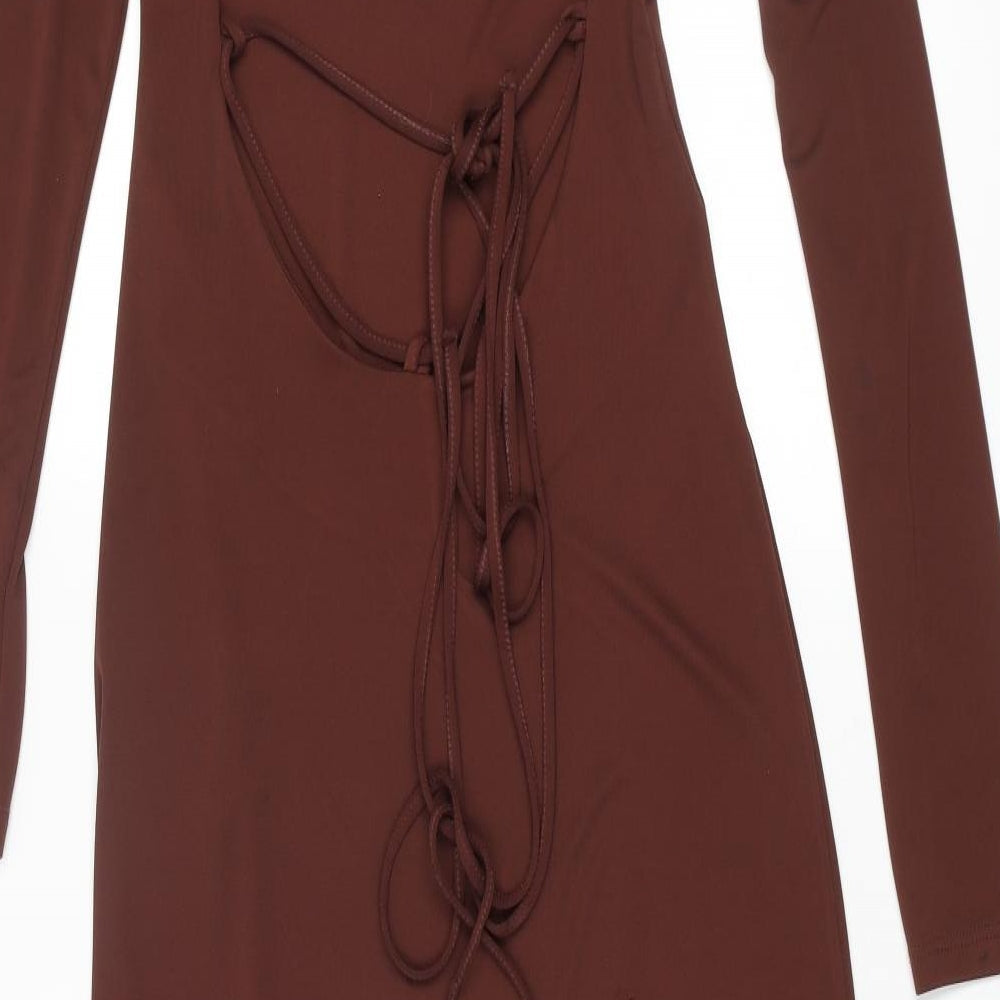 Zara Womens Brown Polyester A-Line Size M Round Neck Tie - Side Slit, Shoulder Pads