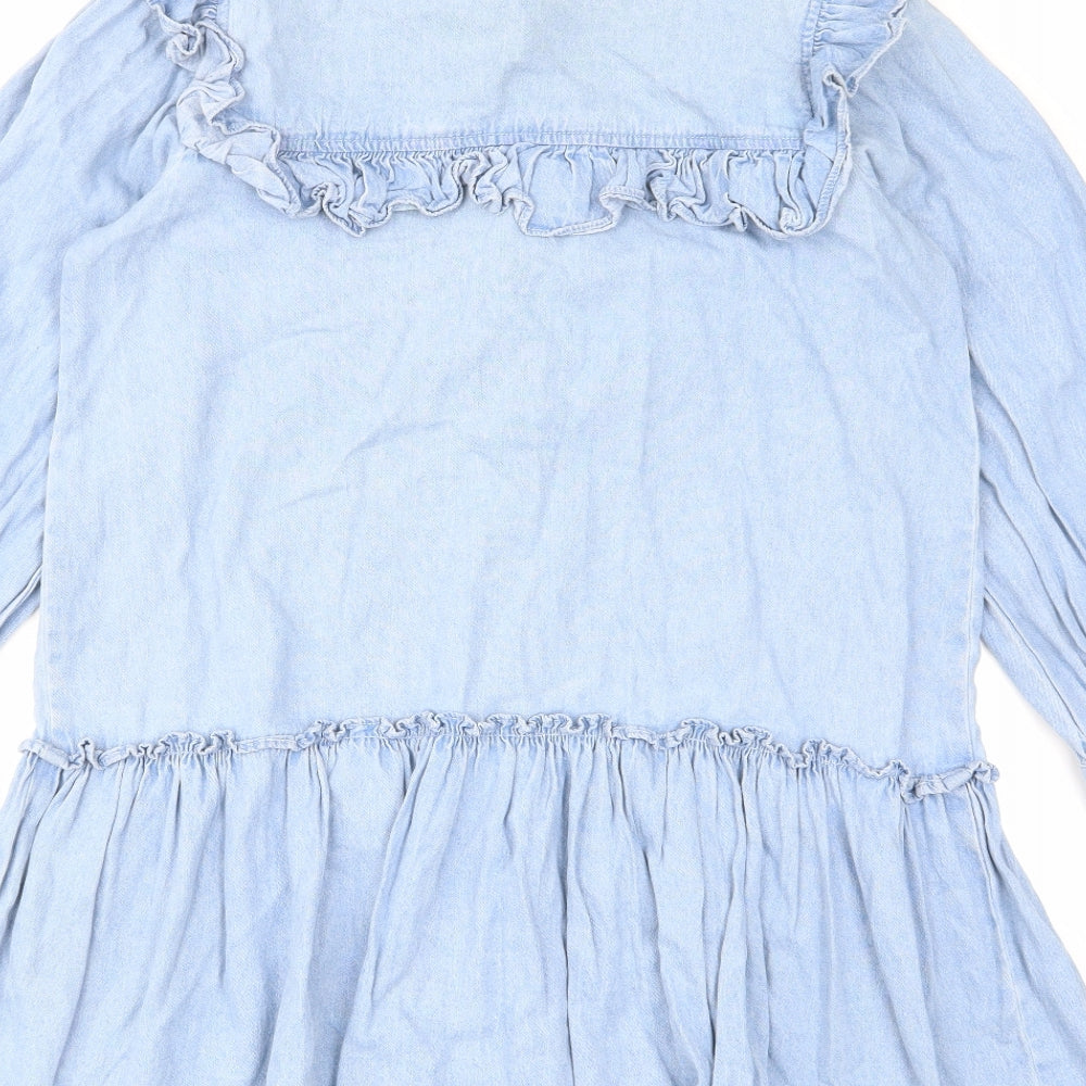 River Island Womens Blue Cotton A-Line Size S Collared Button - Ruffles