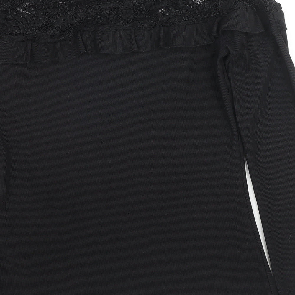 Debenhams Womens Black Polyester Jersey Blouse Size 8 Round Neck - Lace detail