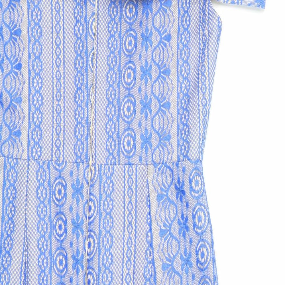 River Island Womens Blue Geometric Nylon Sheath Size 10 Square Neck Zip