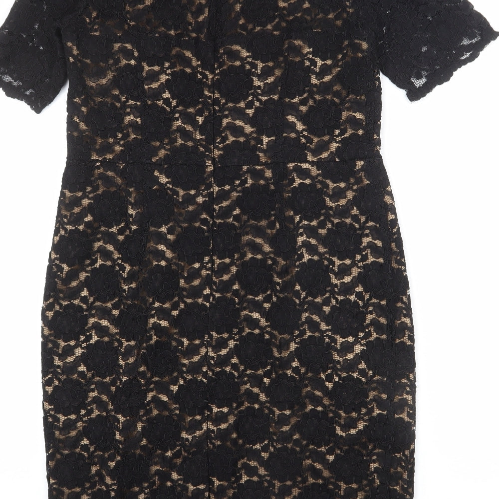 Kaliko Womens Black Floral Polyester Sheath Size 12 V-Neck Zip - Lace Overlay, Slit