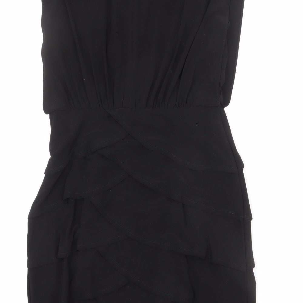 Scarlett Nite Womens Black Polyester Sheath Size 8 Scoop Neck Zip - Tiered, Ruffles
