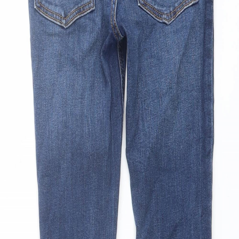 Brand and care label for Tu boys’ blue cotton skinny jeans, size 9, months regular button