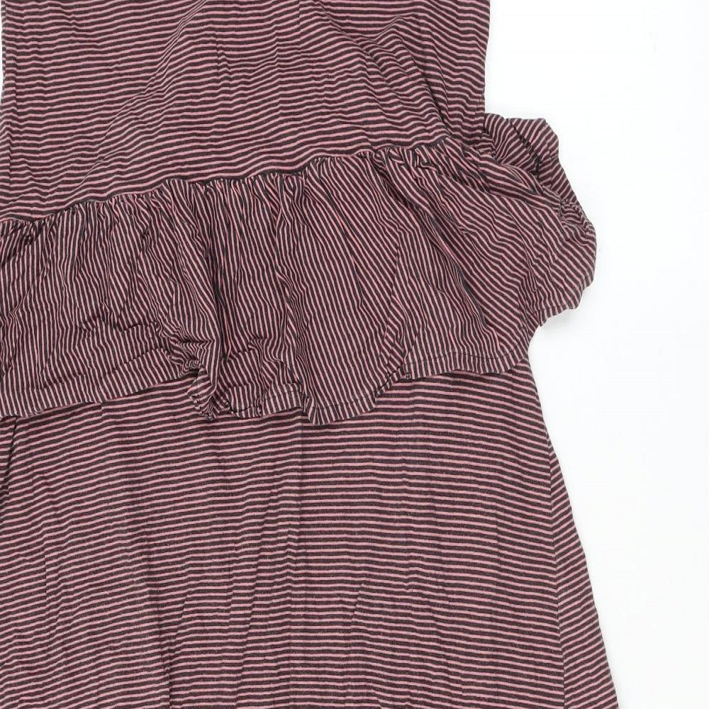 Zara Womens Pink Striped Cotton A-Line Size S Round Neck - Ruffle