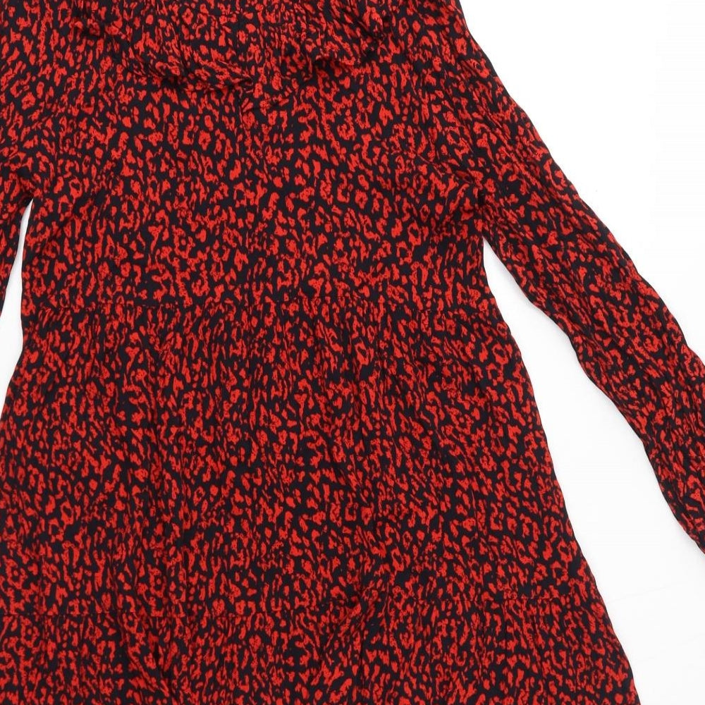 Zara Womens Red Animal Print Viscose A-Line Size S Mock Neck Zip - Leopard Pattern